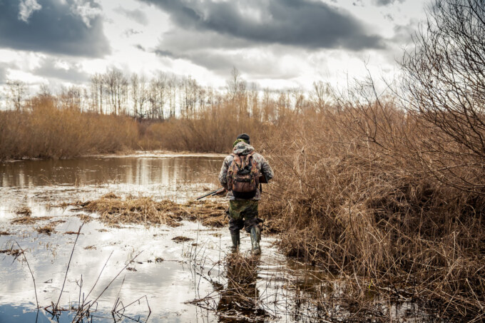 hunter man creeping in swamp during hunting period