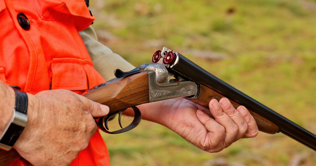 A loaded break-action side-by-side shotgun, held open in hand, ready to be closed.