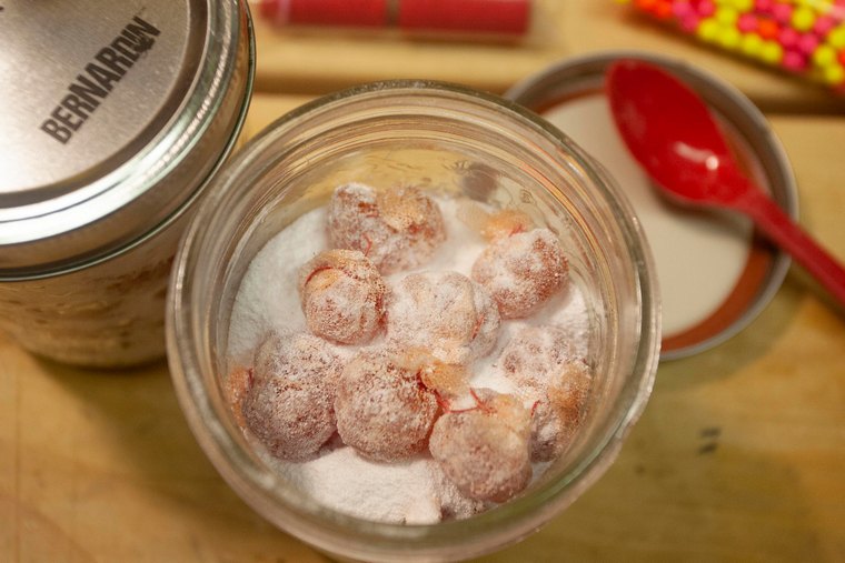 roe bags covered in borax in a mason jar