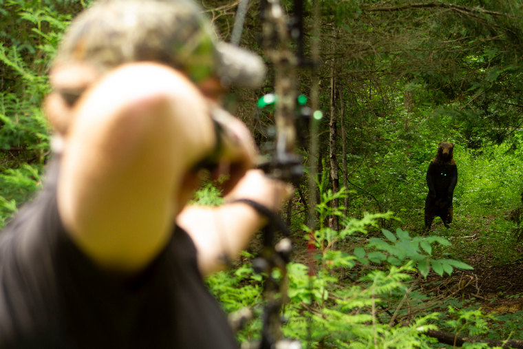 An archer takes aim at a 3D bear target at long range to practice year round archery
