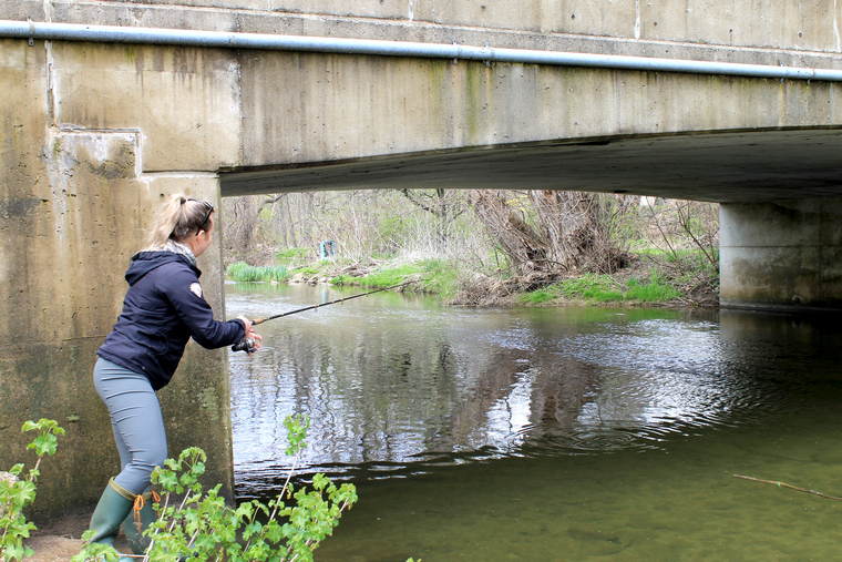 Angler casting under an overpass to the creek below for spring trout