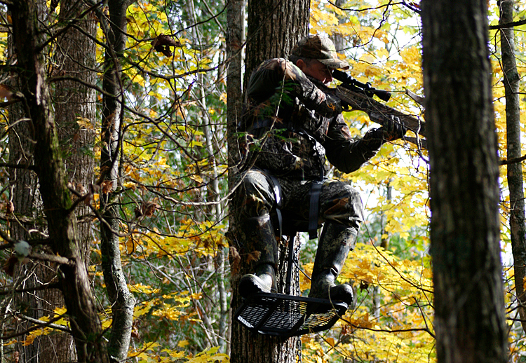 hunter in camo in a tree stand