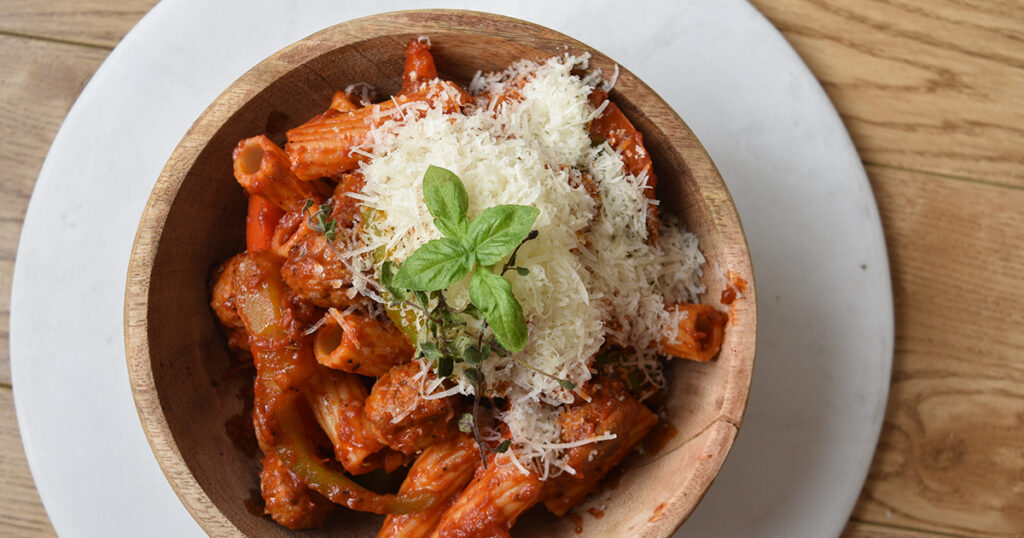 Rigatoni with bear sausage and sweet peppers