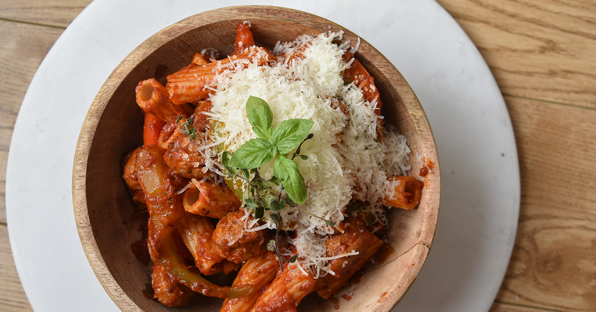 Rigatoni with bear sausage and sweet peppers